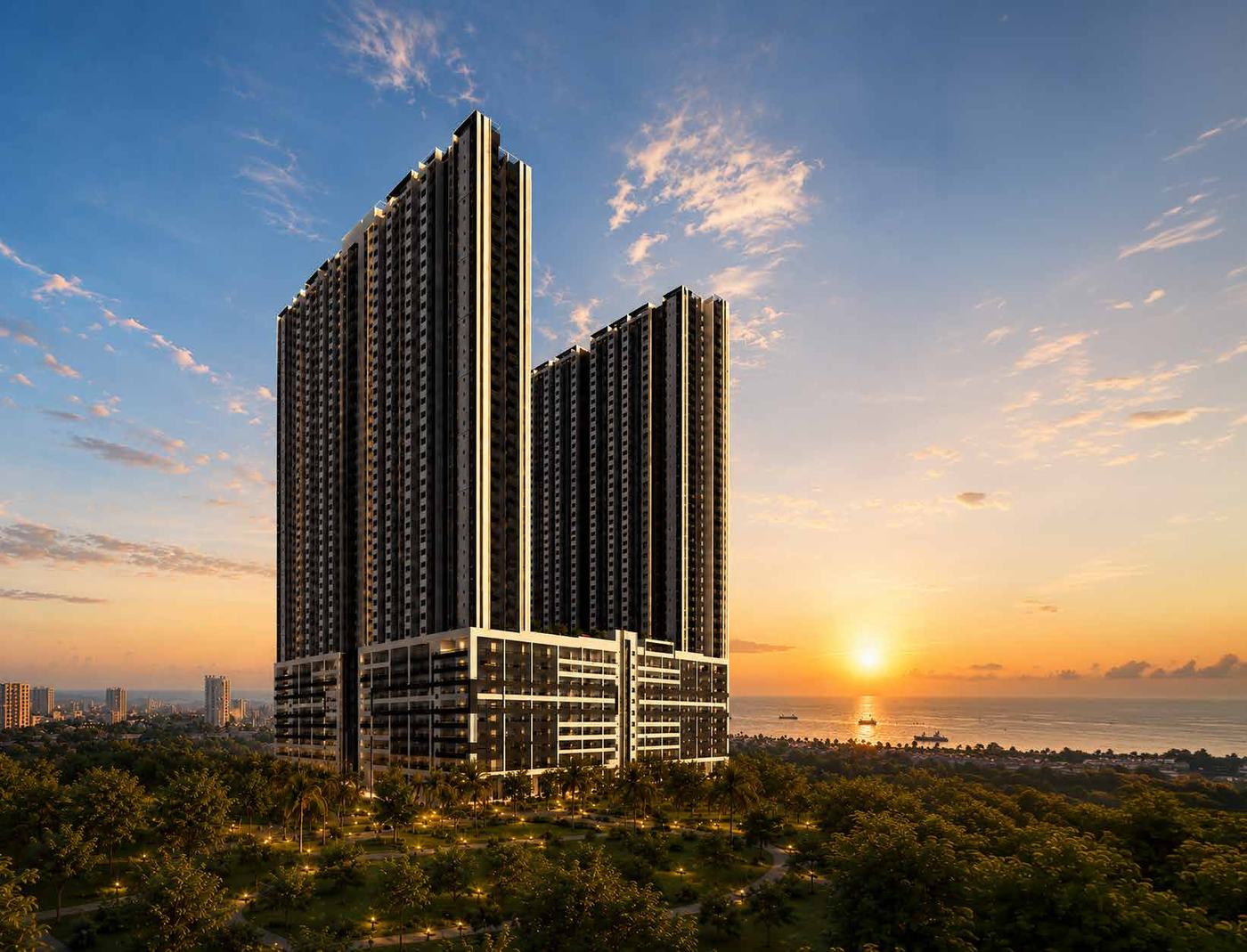 Artist's impression of the two Azurite Residence towers at sunset above the Straits of Malacca