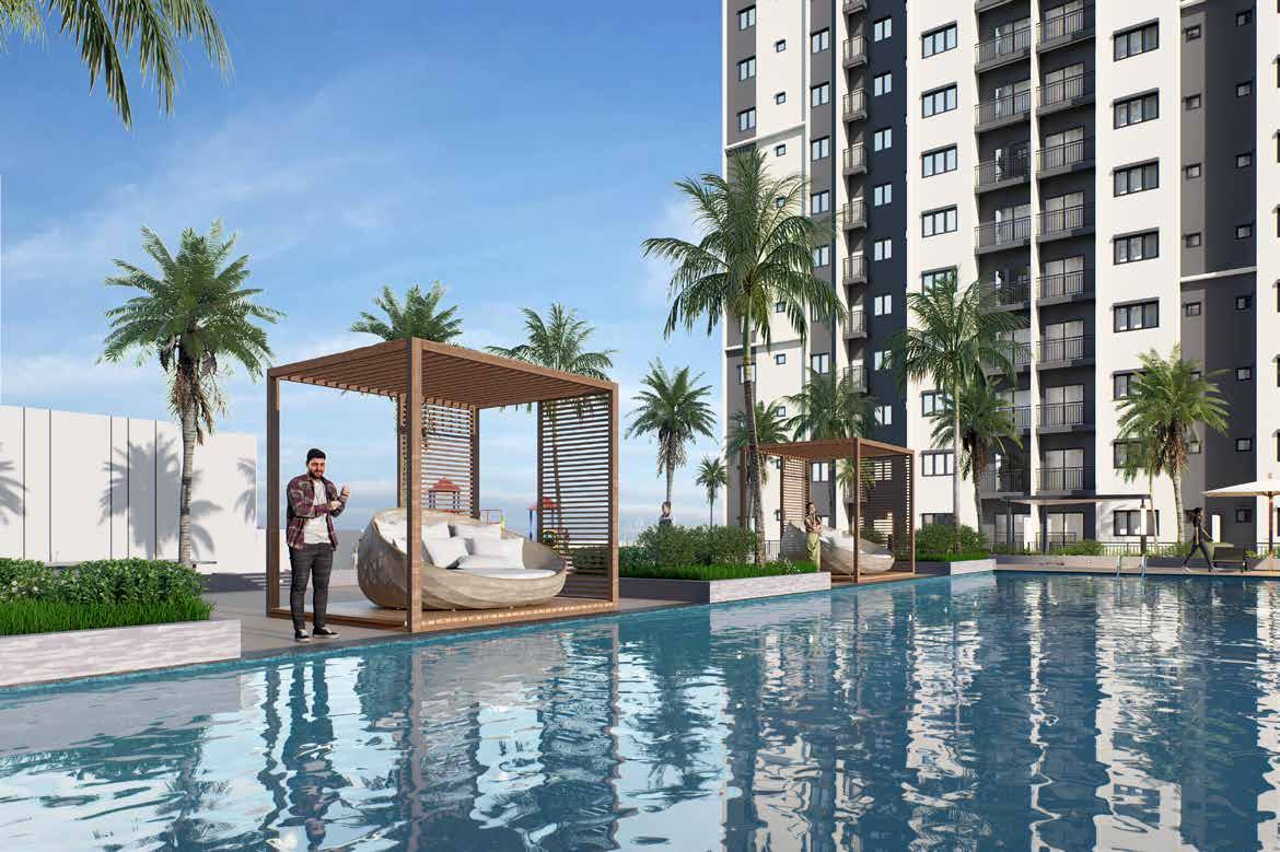 Timber lagoon cabana with daybed at the pool edge