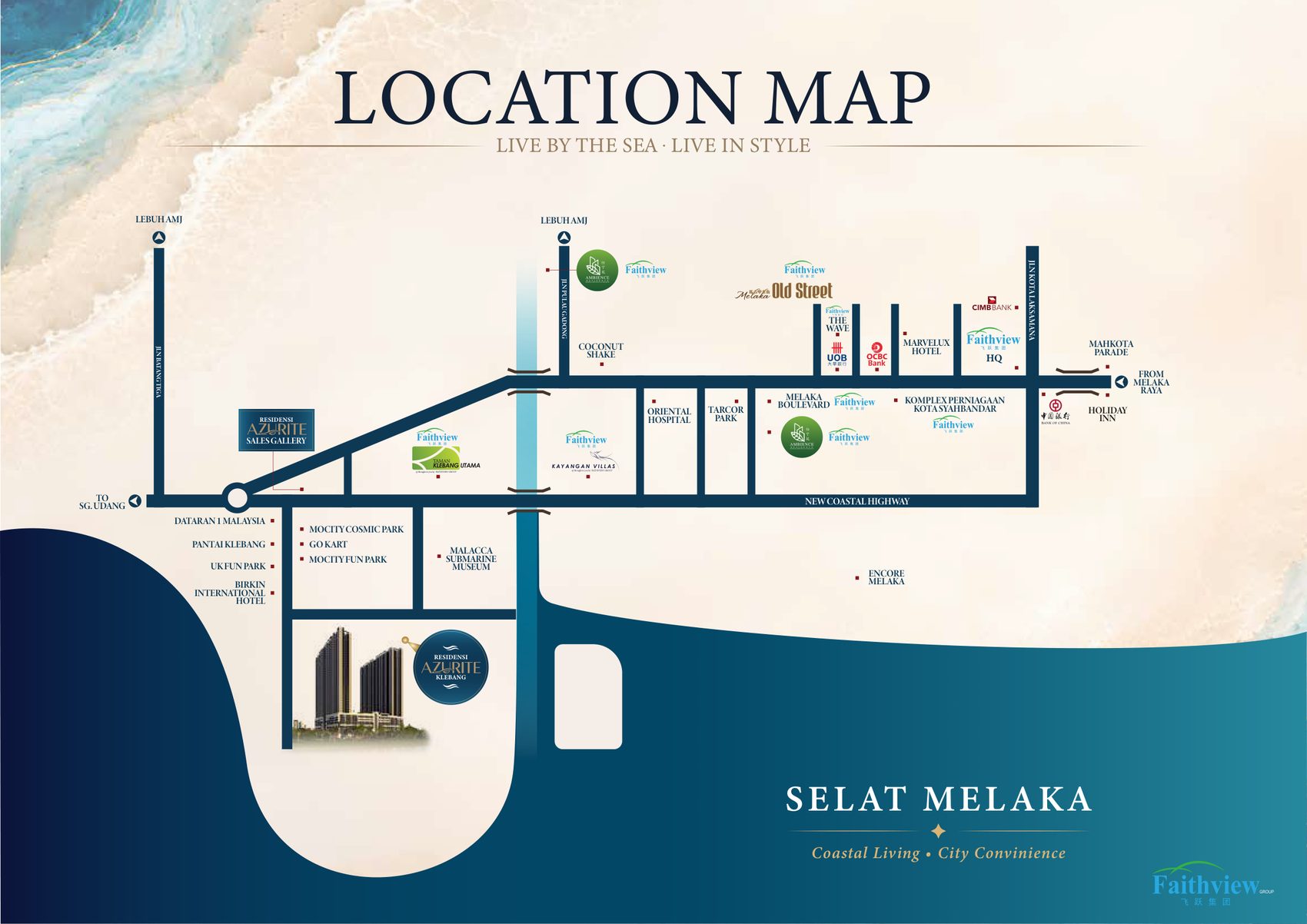 Location map showing Azurite Residence at Klebang with surrounding amenities and highways