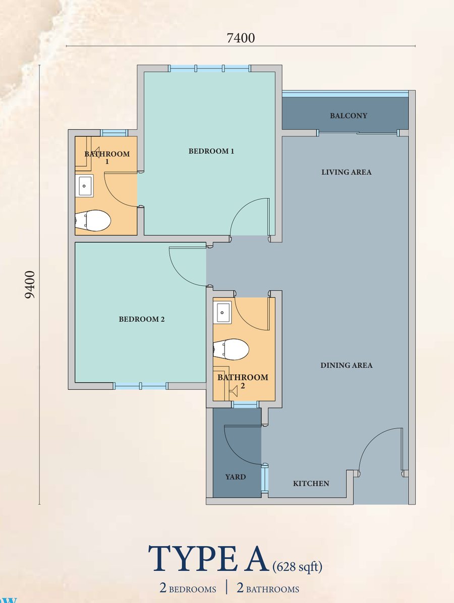 Type A floor plan, 628 square feet, two bedrooms and two bathrooms