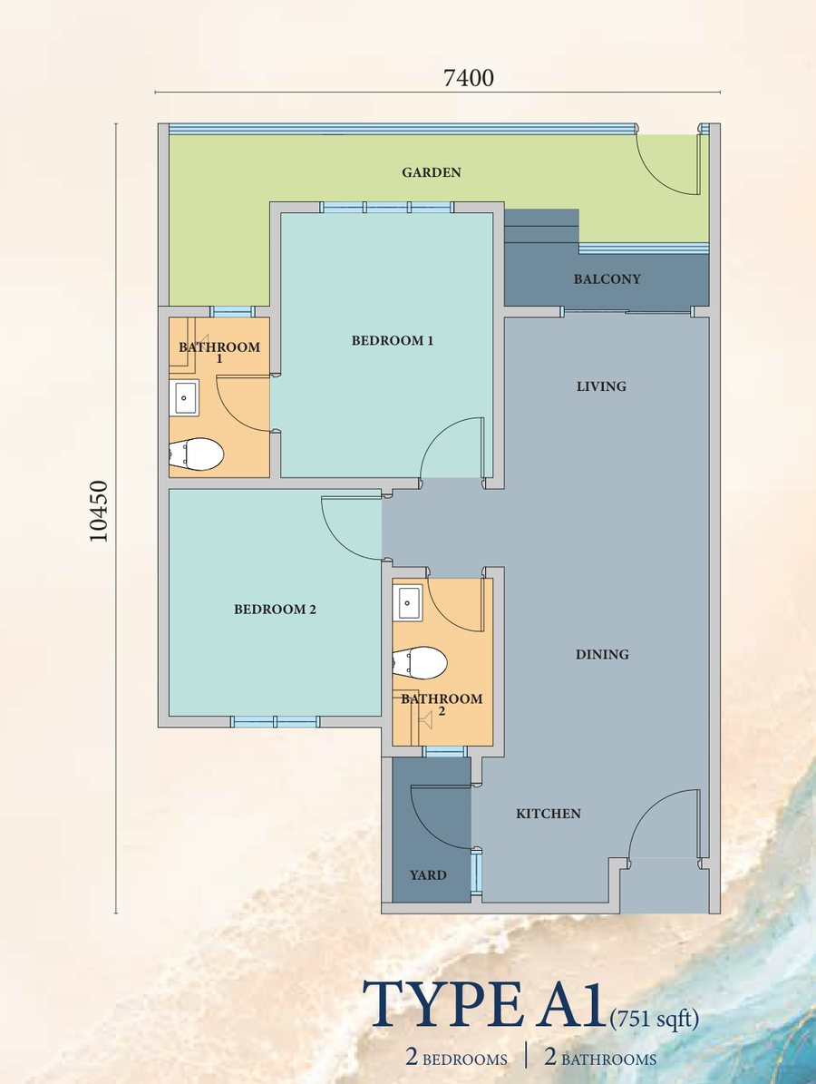 Type A1 floor plan, 751 square feet, two bedrooms with private garden