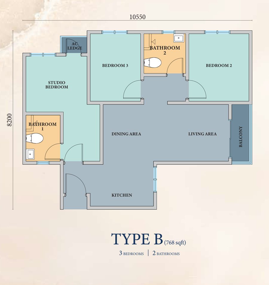 Type B floor plan, 768 square feet, three bedrooms and two bathrooms