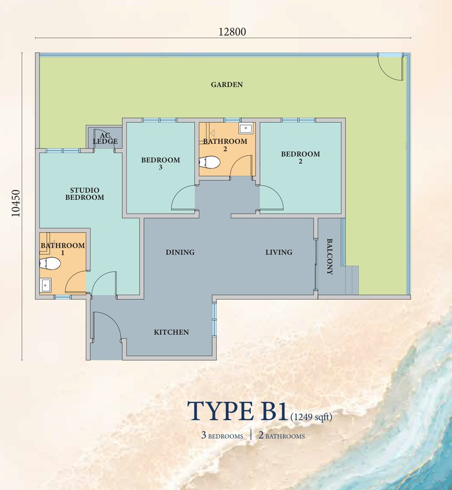 Type B1 floor plan, 1,249 square feet, three bedrooms with large private garden