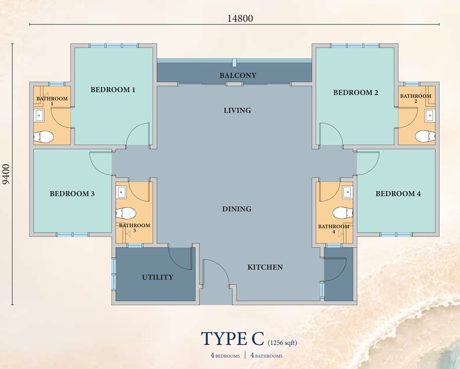 Type C floor plan, 1,256 square feet, four bedrooms and four ensuite bathrooms